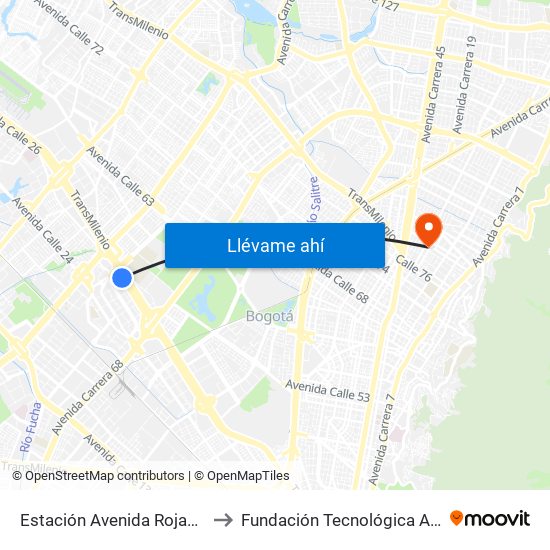 Estación Avenida Rojas (Ac 26 - Kr 69d Bis) (B) to Fundación Tecnológica Autónoma De Bogotá Faba map