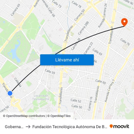 Gobernación to Fundación Tecnológica Autónoma De Bogotá Faba map