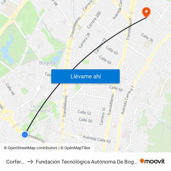 Corferias to Fundación Tecnológica Autónoma De Bogotá Faba map