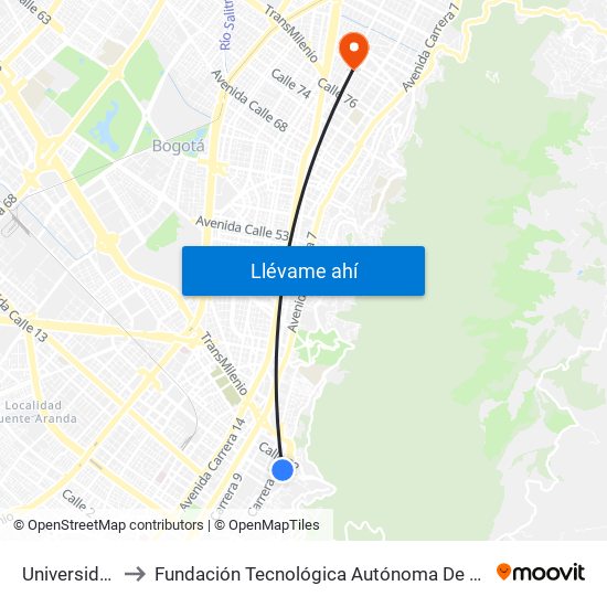 Universidades to Fundación Tecnológica Autónoma De Bogotá Faba map