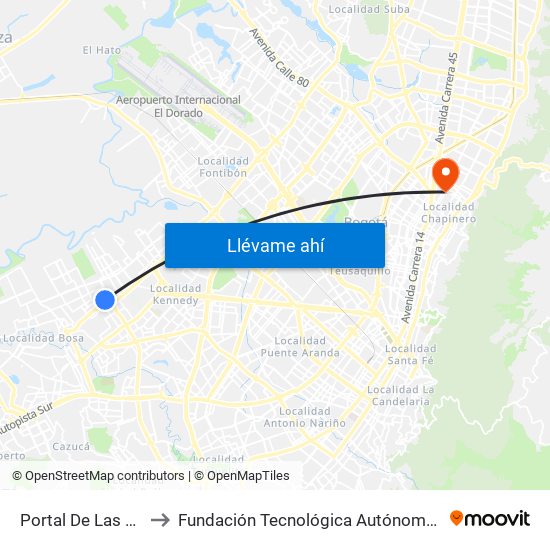 Portal De Las Américas to Fundación Tecnológica Autónoma De Bogotá Faba map