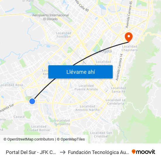 Portal Del Sur - JFK Cooperativa Financiera to Fundación Tecnológica Autónoma De Bogotá Faba map