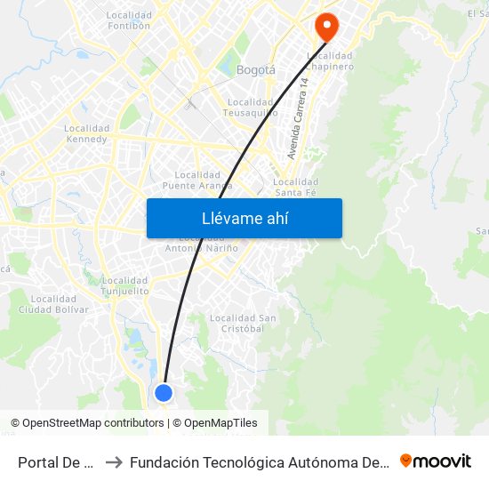 Portal De Usme to Fundación Tecnológica Autónoma De Bogotá Faba map