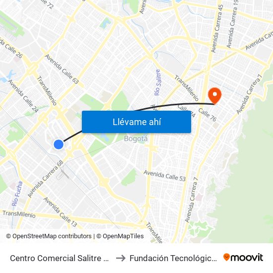 Centro Comercial Salitre Plaza (Av. La Esperanza - Kr 68b) to Fundación Tecnológica Autónoma De Bogotá Faba map