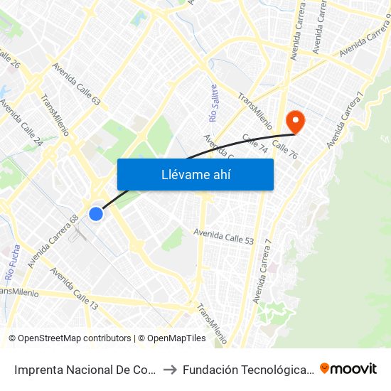 Imprenta Nacional De Colombia (Av. Esperanza - Kr 66) to Fundación Tecnológica Autónoma De Bogotá Faba map