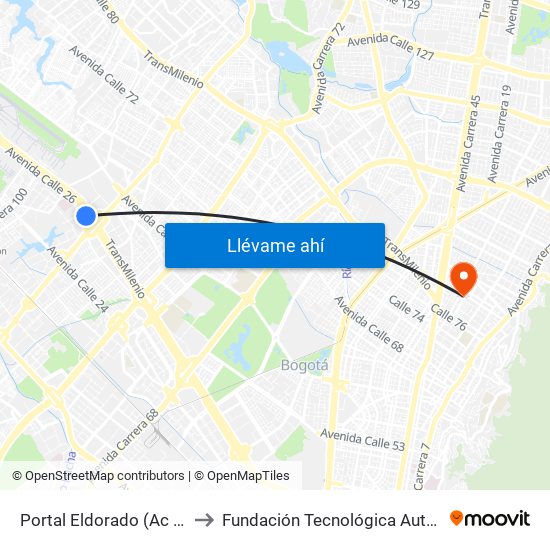 Portal Eldorado (Ac 26 - Av. C. De Cali) to Fundación Tecnológica Autónoma De Bogotá Faba map
