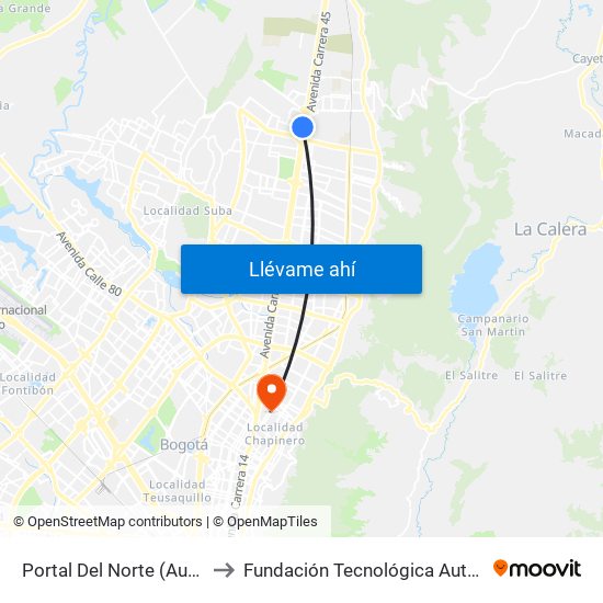 Portal Del Norte (Auto Norte - Cl 174a) to Fundación Tecnológica Autónoma De Bogotá Faba map