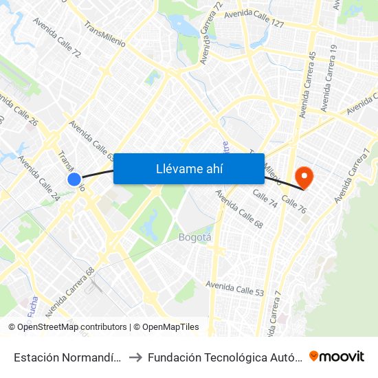 Estación Normandía (Ac 26 - Kr 74) to Fundación Tecnológica Autónoma De Bogotá Faba map