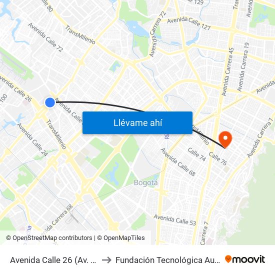 Avenida Calle 26 (Av. C. De Cali - Cl 51) (A) to Fundación Tecnológica Autónoma De Bogotá Faba map