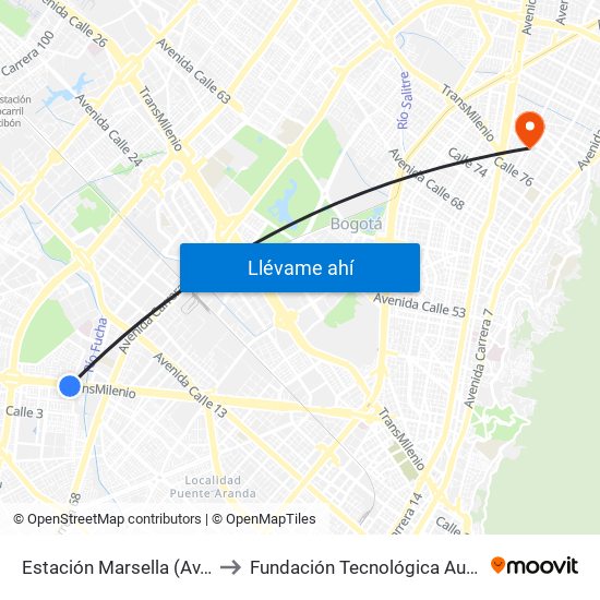 Estación Marsella (Av. Américas - Kr 69b) to Fundación Tecnológica Autónoma De Bogotá Faba map