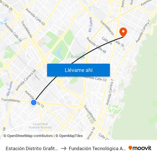 Estación Distrito Grafiti (Av. Américas - Kr 53a) to Fundación Tecnológica Autónoma De Bogotá Faba map