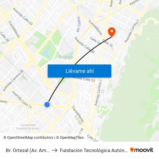 Br. Ortezal (Av. Américas - Tv 39) to Fundación Tecnológica Autónoma De Bogotá Faba map