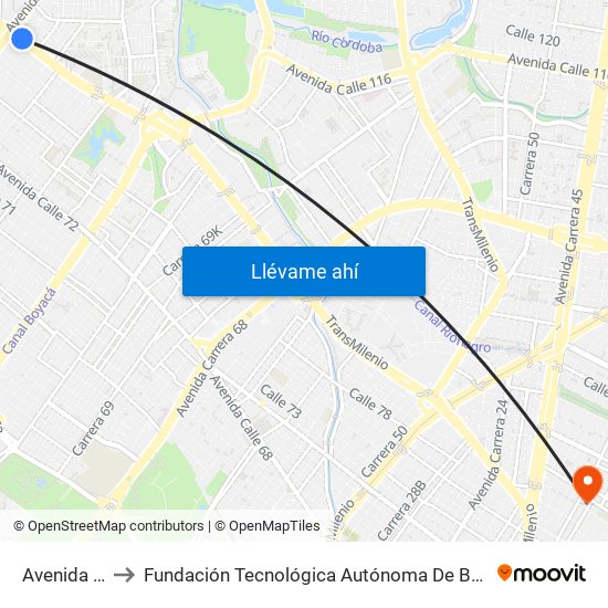 Avenida Cali to Fundación Tecnológica Autónoma De Bogotá Faba map