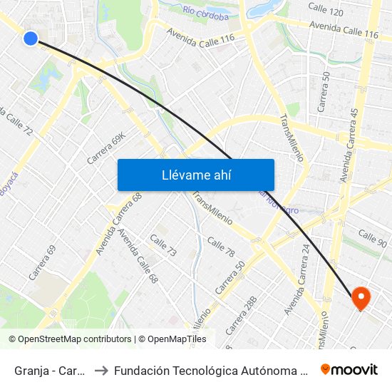 Granja - Carrera 77 to Fundación Tecnológica Autónoma De Bogotá Faba map