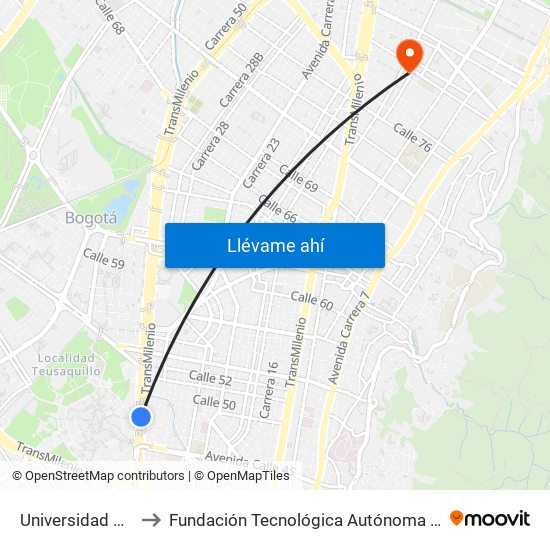 Universidad Nacional to Fundación Tecnológica Autónoma De Bogotá Faba map