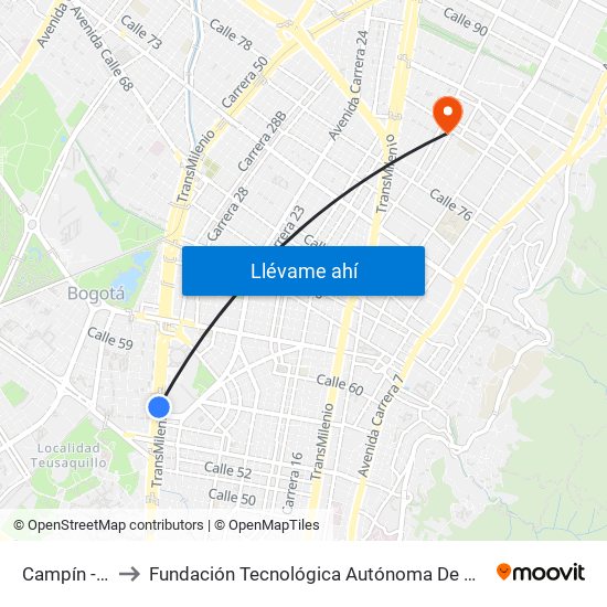 Campín - Uan to Fundación Tecnológica Autónoma De Bogotá Faba map