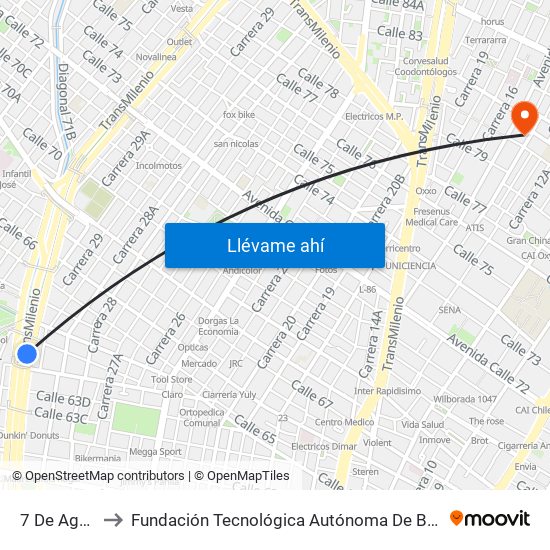 7 De Agosto to Fundación Tecnológica Autónoma De Bogotá Faba map
