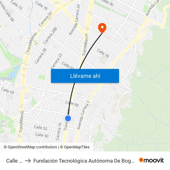 Calle 57 to Fundación Tecnológica Autónoma De Bogotá Faba map