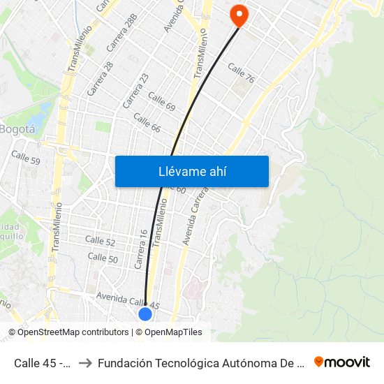 Calle 45 - Asw to Fundación Tecnológica Autónoma De Bogotá Faba map