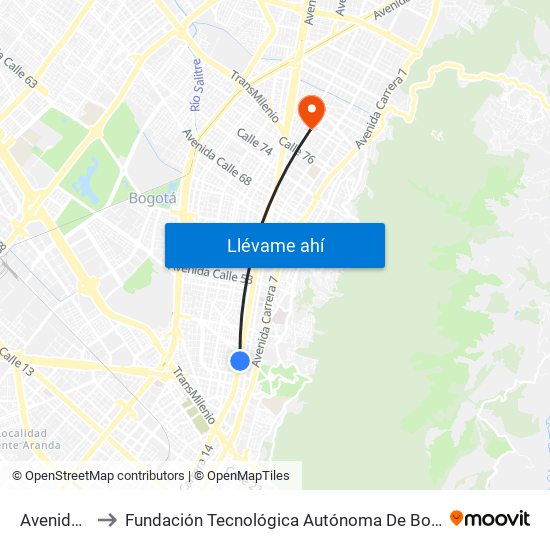 Avenida 39 to Fundación Tecnológica Autónoma De Bogotá Faba map