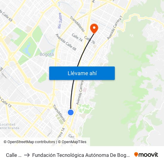 Calle 34 to Fundación Tecnológica Autónoma De Bogotá Faba map