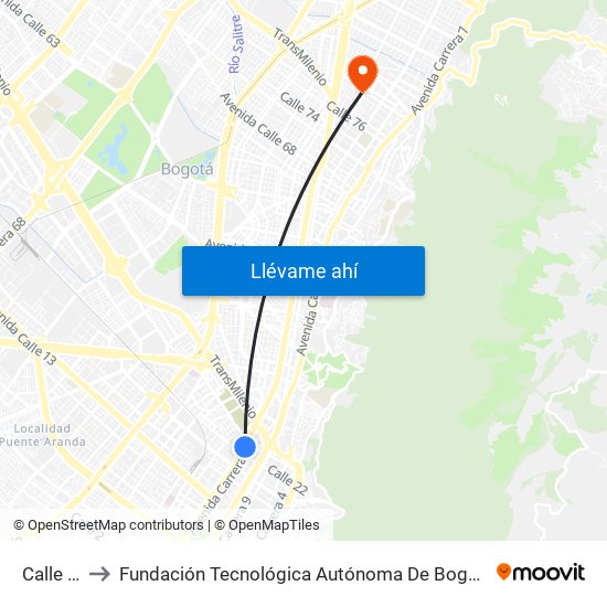 Calle 22 to Fundación Tecnológica Autónoma De Bogotá Faba map