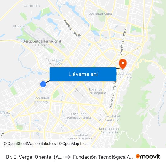 Br. El Vergel Oriental (Av. C. De Cali - Cl 10b) (A) to Fundación Tecnológica Autónoma De Bogotá Faba map
