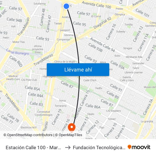 Estación Calle 100 - Marketmedios (Auto Norte - Cl 98) to Fundación Tecnológica Autónoma De Bogotá Faba map