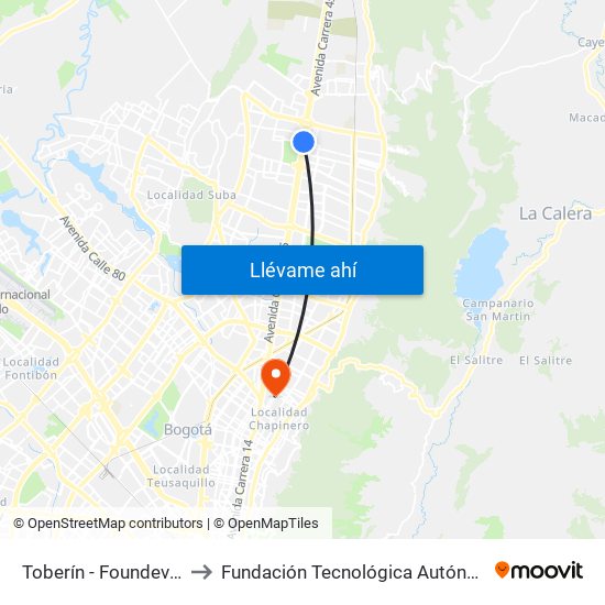 Toberín - Foundever (Lado Sur) to Fundación Tecnológica Autónoma De Bogotá Faba map