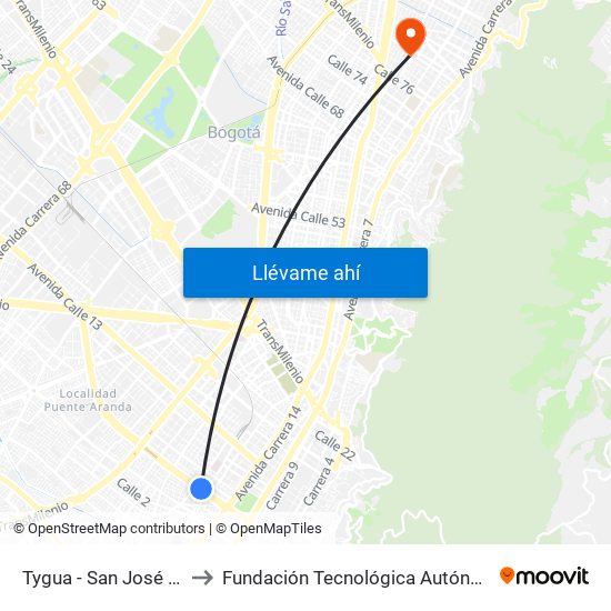 Tygua - San José (Lado Norte) to Fundación Tecnológica Autónoma De Bogotá Faba map