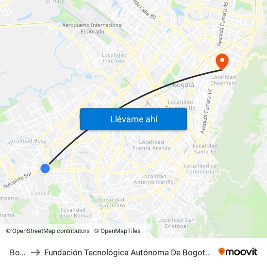 Bosa to Fundación Tecnológica Autónoma De Bogotá Faba map