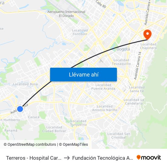 Terreros - Hospital Cardiovascular (Lado Sur) to Fundación Tecnológica Autónoma De Bogotá Faba map