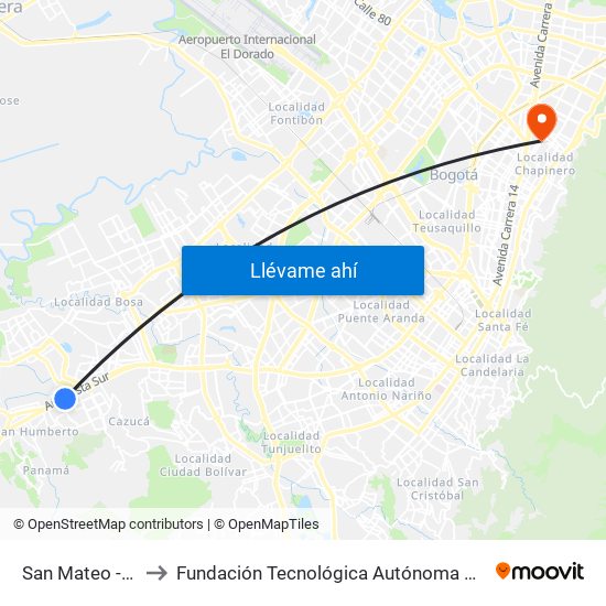 San Mateo - Unisur to Fundación Tecnológica Autónoma De Bogotá Faba map
