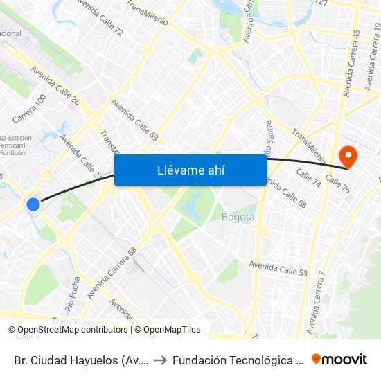 Br. Ciudad Hayuelos (Av. Centenario - Av. C. De Cali) to Fundación Tecnológica Autónoma De Bogotá Faba map