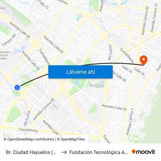 Br. Ciudad Hayuelos (Av. Centenario - Kr 78g) to Fundación Tecnológica Autónoma De Bogotá Faba map