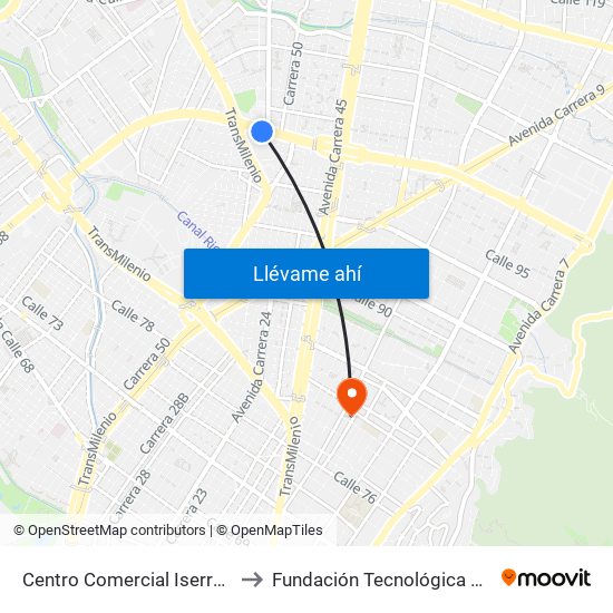 Centro Comercial Iserra 100 (Ac 100 - Kr 54) (B) to Fundación Tecnológica Autónoma De Bogotá Faba map