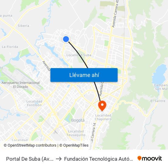 Portal De Suba (Av. Suba - Kr 106) to Fundación Tecnológica Autónoma De Bogotá Faba map
