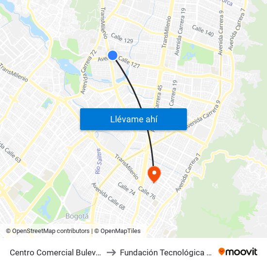 Centro Comercial Bulevar Niza (Ac 127 - Av. Suba) to Fundación Tecnológica Autónoma De Bogotá Faba map