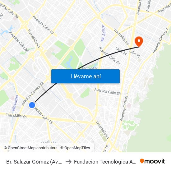 Br. Salazar Gómez (Av. Centenario - Kr 65) (A) to Fundación Tecnológica Autónoma De Bogotá Faba map