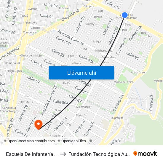Escuela De Infantería (Ac 100 - Kr 11a) (B) to Fundación Tecnológica Autónoma De Bogotá Faba map