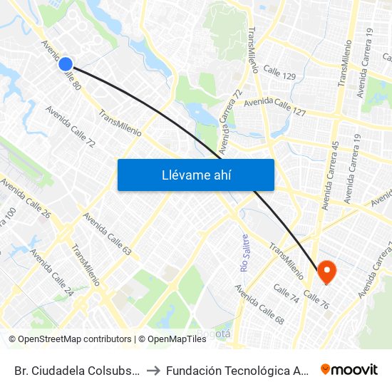 Br. Ciudadela Colsubsidio (Ac 80 - Kr 112a) to Fundación Tecnológica Autónoma De Bogotá Faba map