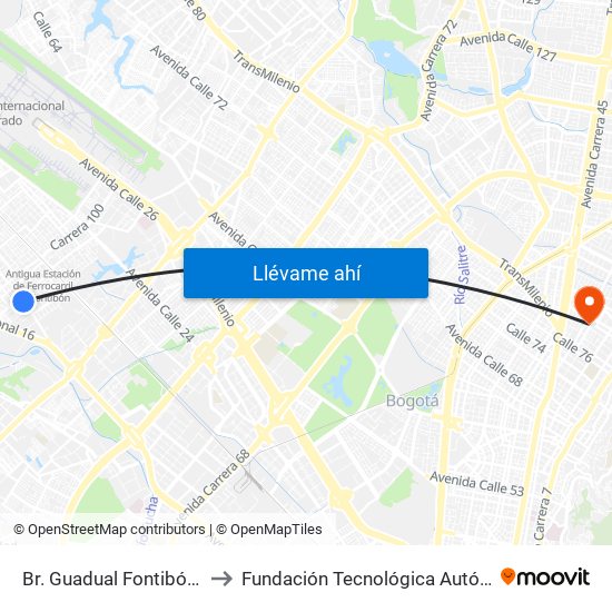 Br. Guadual Fontibón (Cl 17 - Kr 96h) to Fundación Tecnológica Autónoma De Bogotá Faba map