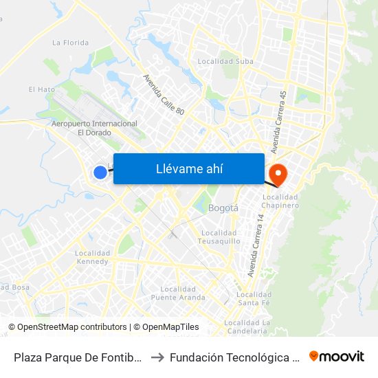 Plaza Parque De Fontibón Kr 100 (Kr 100 - Cl 17a) to Fundación Tecnológica Autónoma De Bogotá Faba map