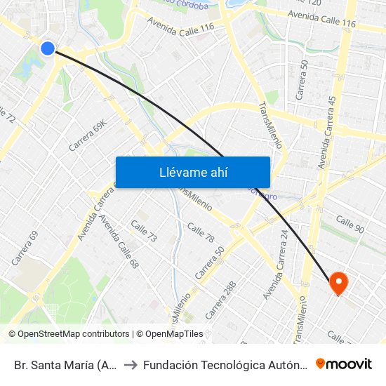 Br. Santa María (Ac 80 - Kr 73b) to Fundación Tecnológica Autónoma De Bogotá Faba map