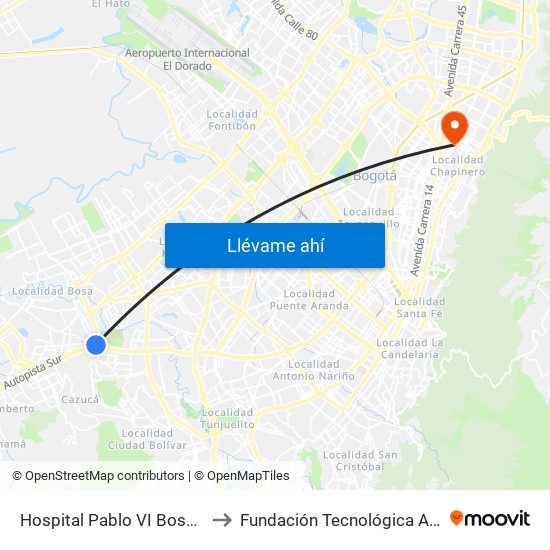 Hospital Pablo VI Bosa (Cl 63 Sur - Kr 77g) (A) to Fundación Tecnológica Autónoma De Bogotá Faba map