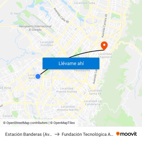 Estación Banderas (Av. Américas - Kr 78a) (A) to Fundación Tecnológica Autónoma De Bogotá Faba map