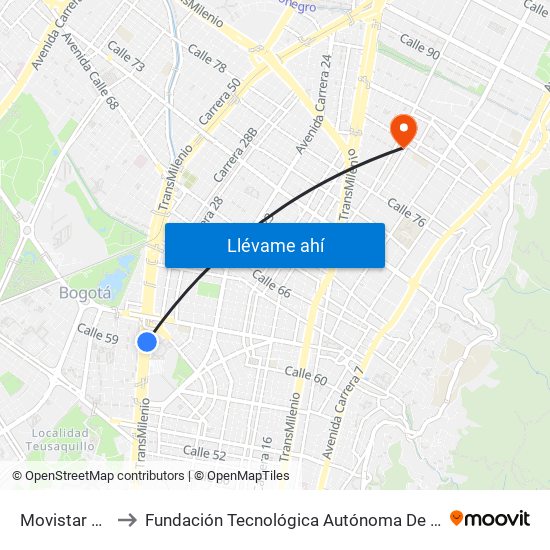 Movistar Arena to Fundación Tecnológica Autónoma De Bogotá Faba map