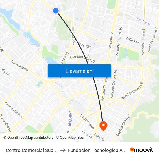 Centro Comercial Subazar (Av. Suba - Kr 91) to Fundación Tecnológica Autónoma De Bogotá Faba map