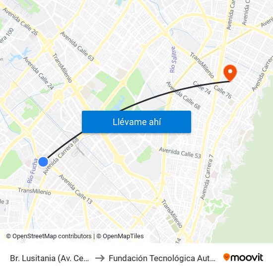 Br. Lusitania (Av. Centenario - Kr 68b) to Fundación Tecnológica Autónoma De Bogotá Faba map