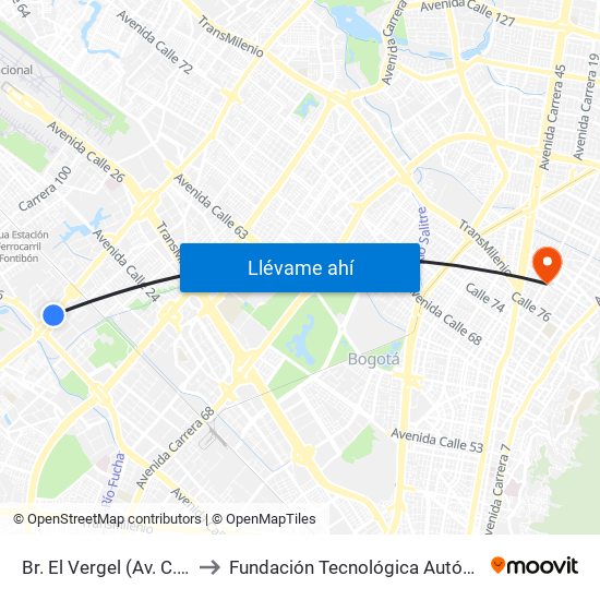 Br. El Vergel (Av. C. De Cali - Cl 18) to Fundación Tecnológica Autónoma De Bogotá Faba map